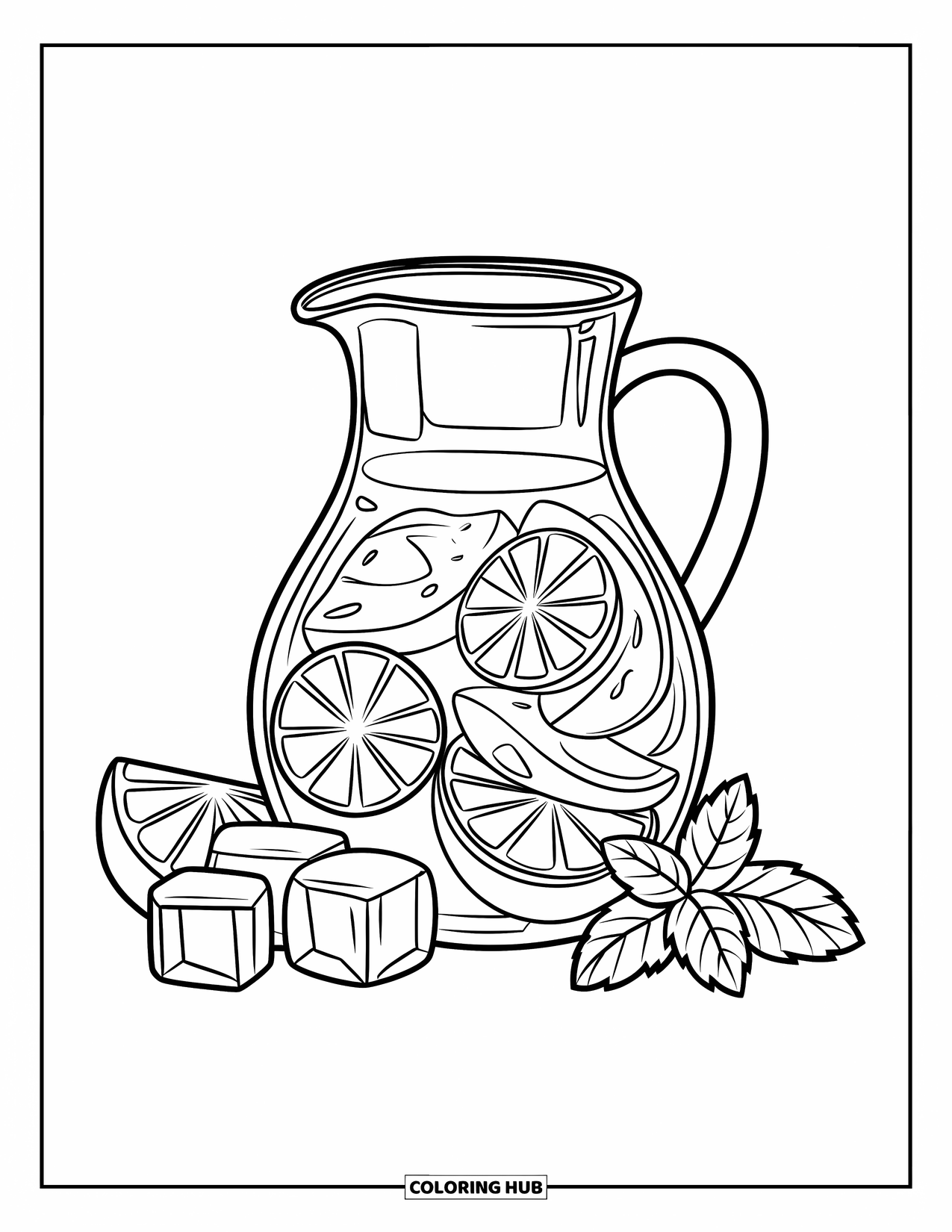 Lemonade Coloring Page for Kids: Detailed lemonade pitcher with lemon wedges, cracked ice, and mint leaf