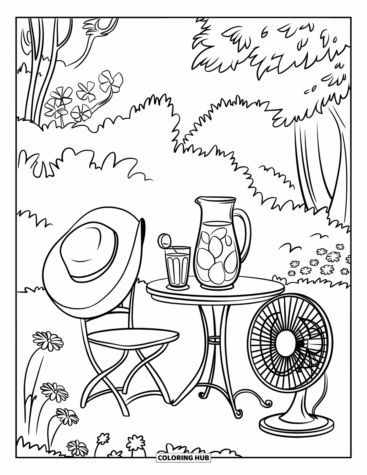 Lemonade Coloring Page for Kids: Garden table with lemonade, flowers, and a sunhat nearby