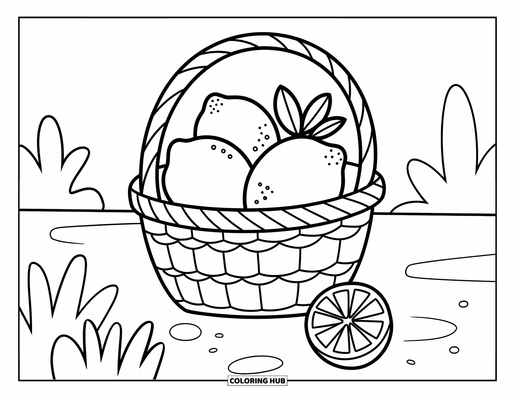 Lemonade Coloring Page for Kids: Lemon basket with one slice and three whole lemons rests on the ground