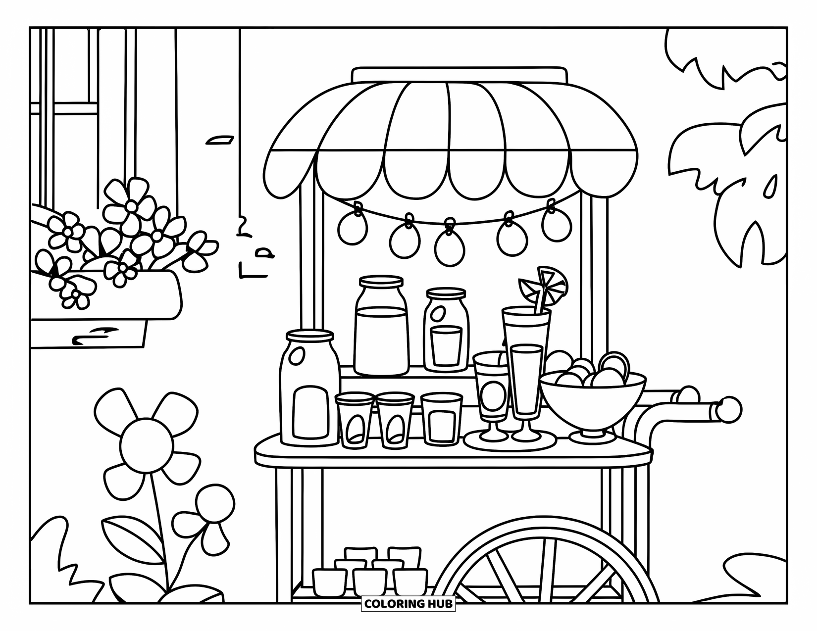 Lemonade Coloring Page for Kids: Lemonade bar cart by the window with flowers and a nearby plant