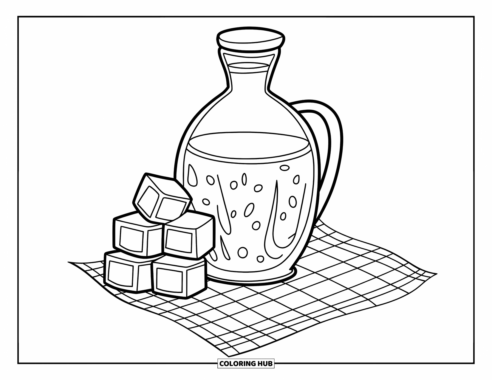 Lemonade Coloring Page for Kids: Lemonade jug and ice cubes rest on a gingham cloth