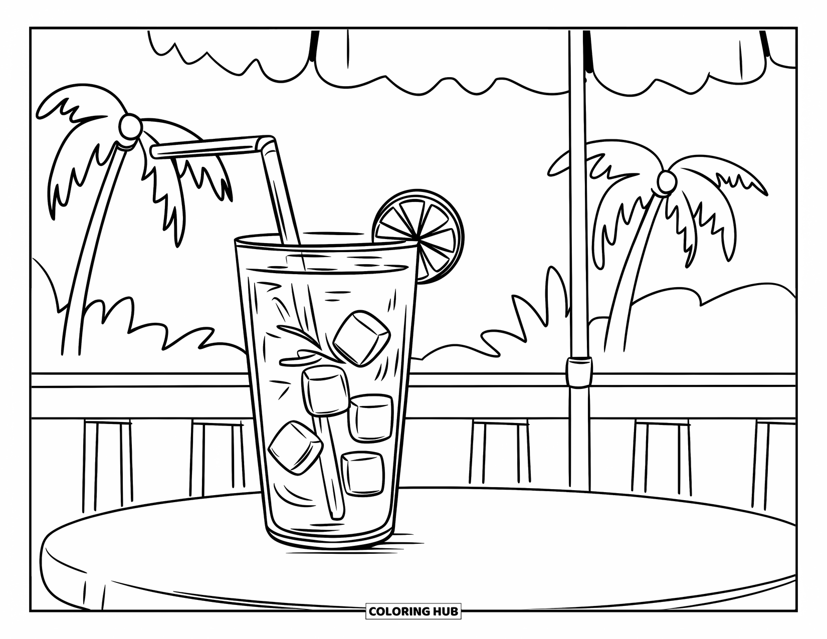 Lemonade Coloring Page for Kids: Lemonade on a patio table with palm trees in the background