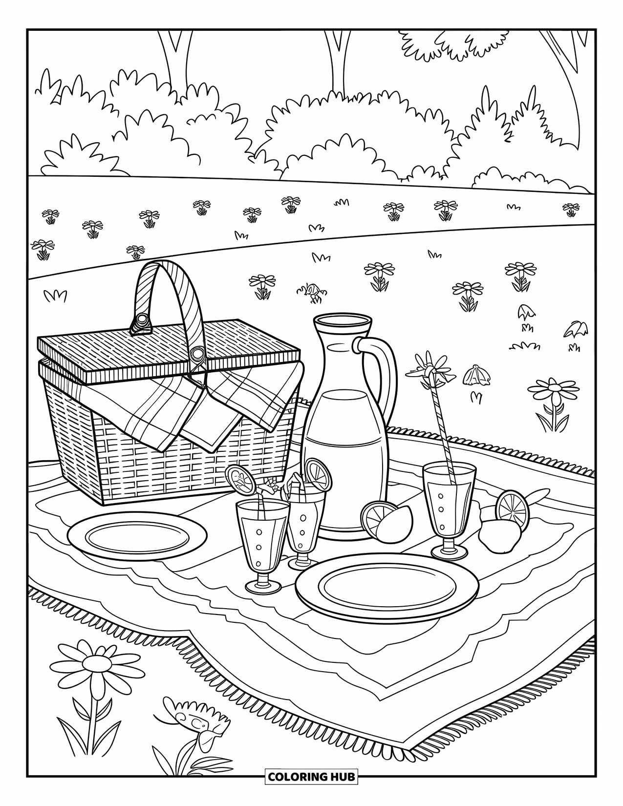 Lemonade Coloring Page for Kids: Lemonade picnic scene with wildflowers, drinks, and a sunny field