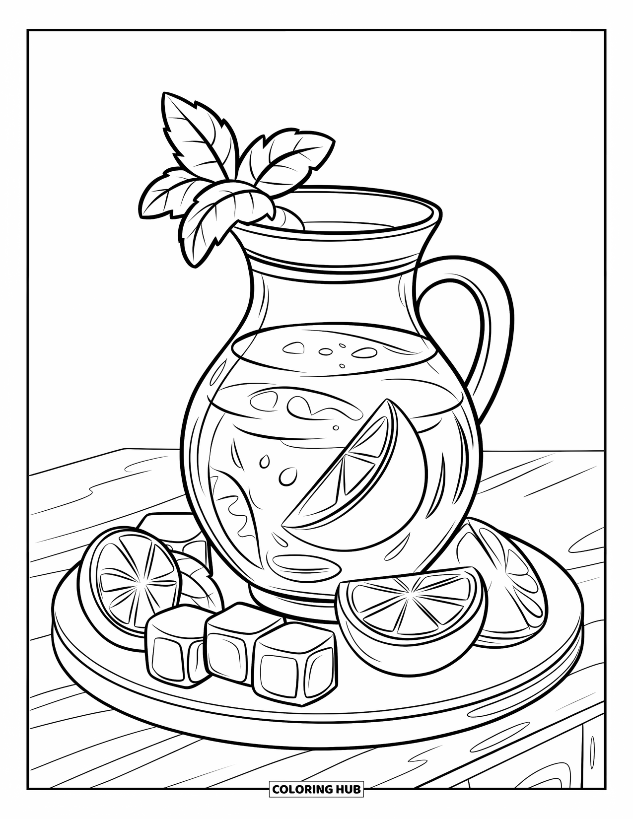 Lemonade Coloring Page for Kids: Lemonade pitcher with mint and ice sits on a wooden board