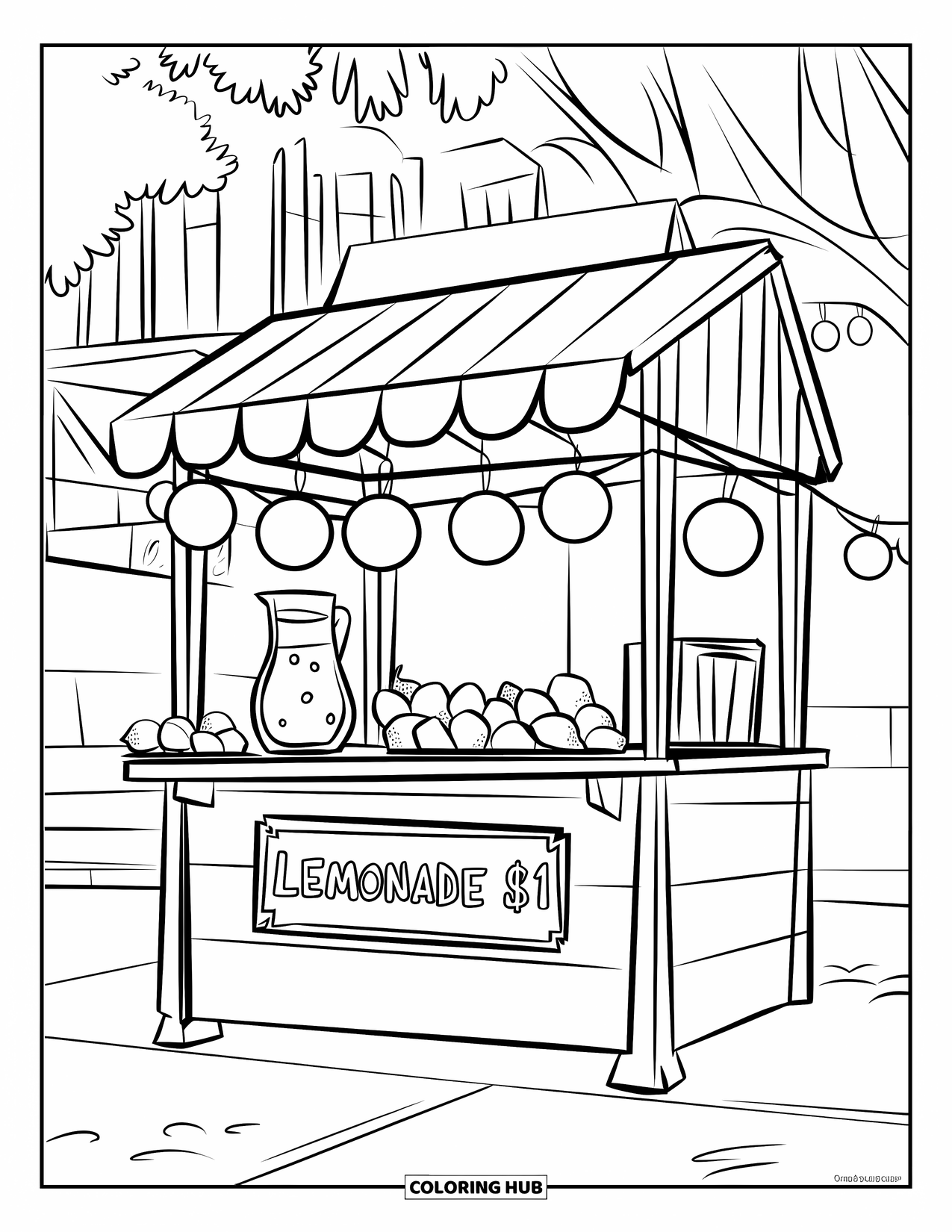 Lemonade Coloring Page for Kids: Lemonade stall with a striped canopy and lanterns hanging above