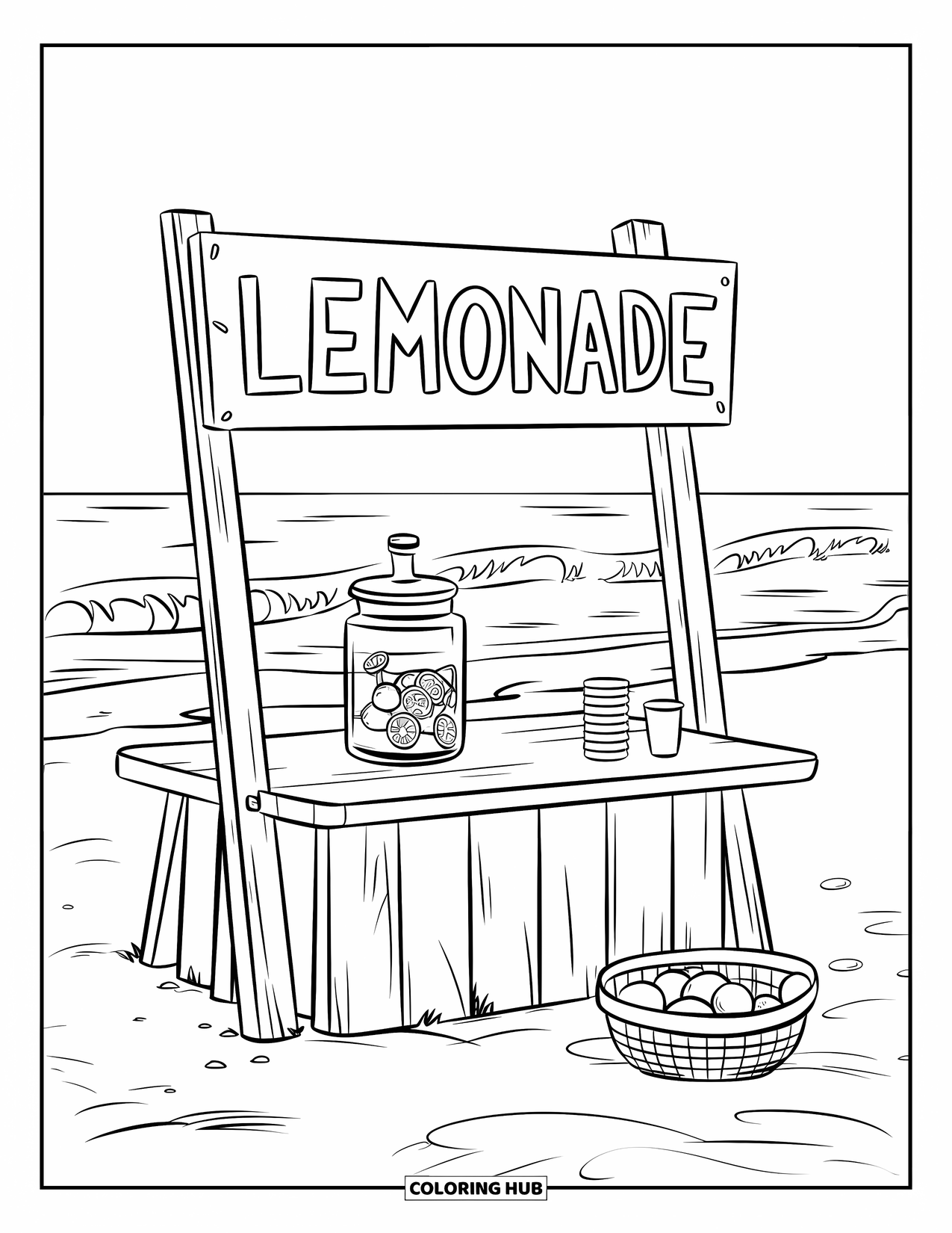 Lemonade Coloring Page for Kids: Lemonade stand on the beach with a basket of fresh lemons