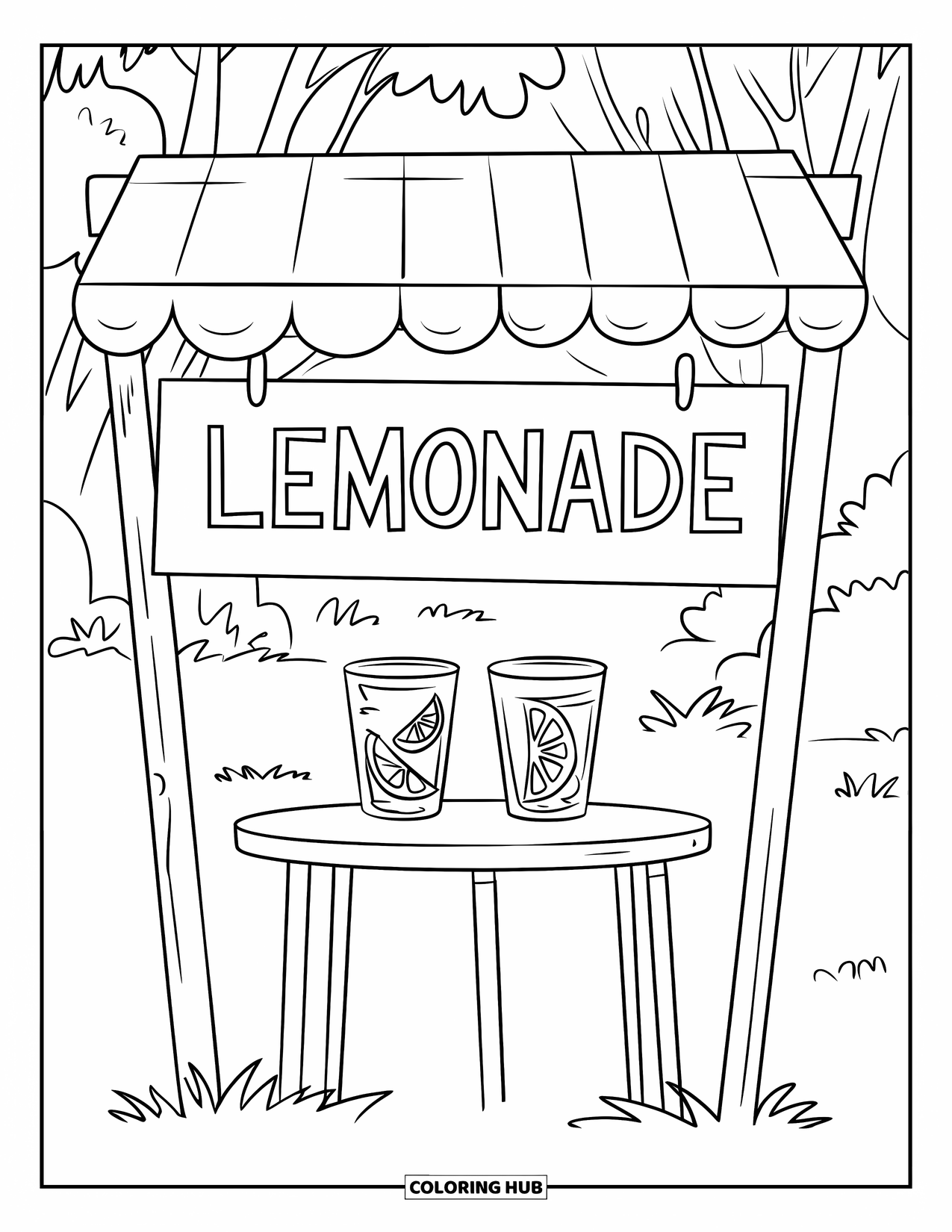 Lemonade Coloring Page for Kids: Lemonade stand with two glasses on a table in a grassy yard