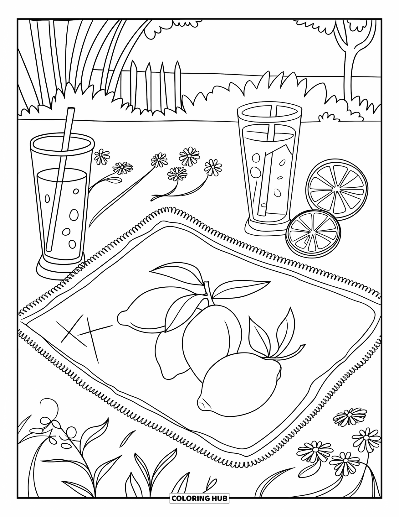 Lemonade Coloring Page for Kids: Picnic scene with lemonade drinks, wildflowers, and a lemon-patterned cloth
