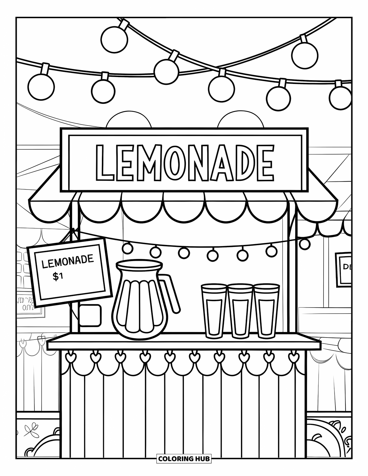 Lemonade Coloring Page for Kids: Pitcher and cups on a lemonade stall under bright festival lights