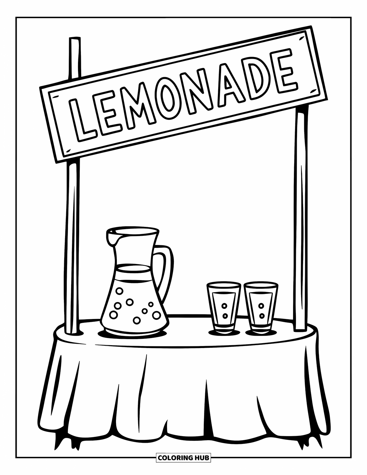 Lemonade Coloring Page for Kids: Simple lemonade stand with a pitcher, glasses, and a sign above
