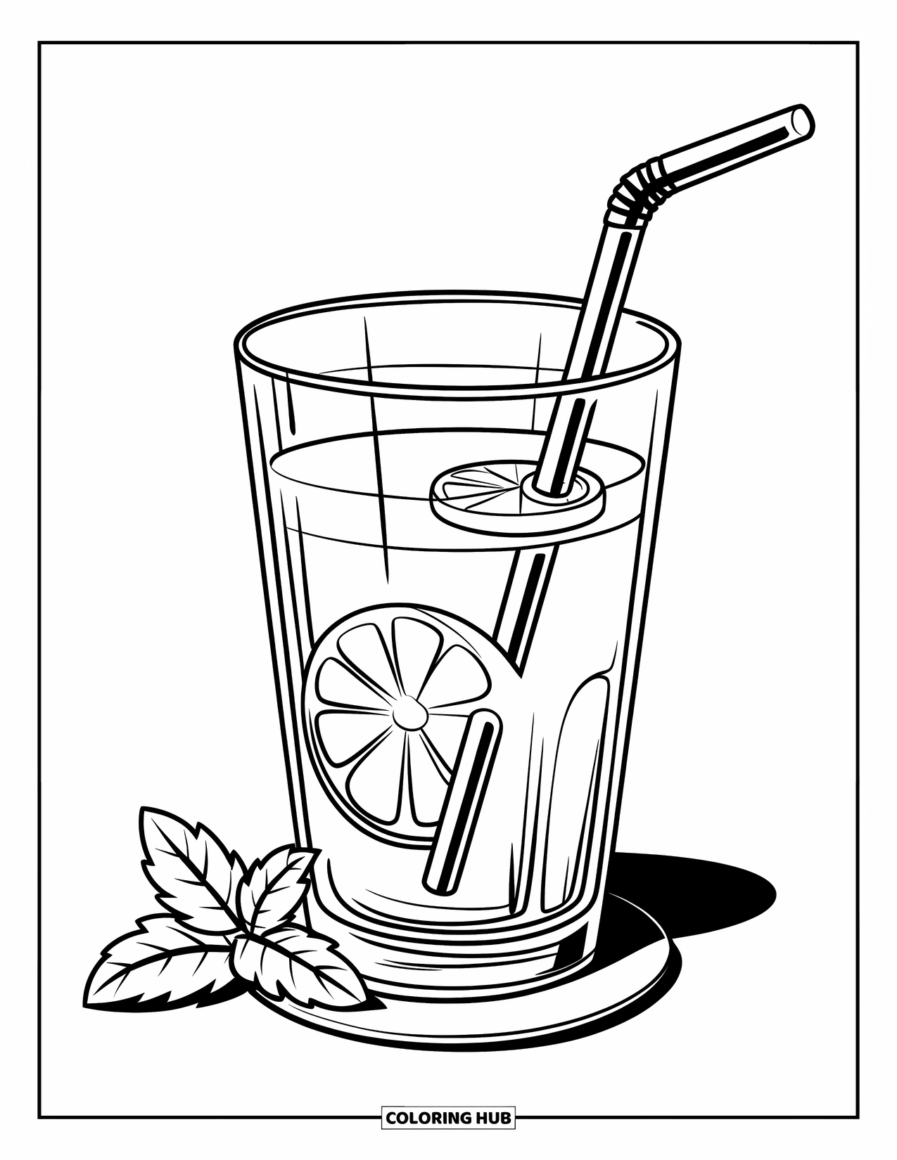 Lemonade Coloring Page for Kids: Stylish lemonade glass with a mint leaf and straw on a coaster