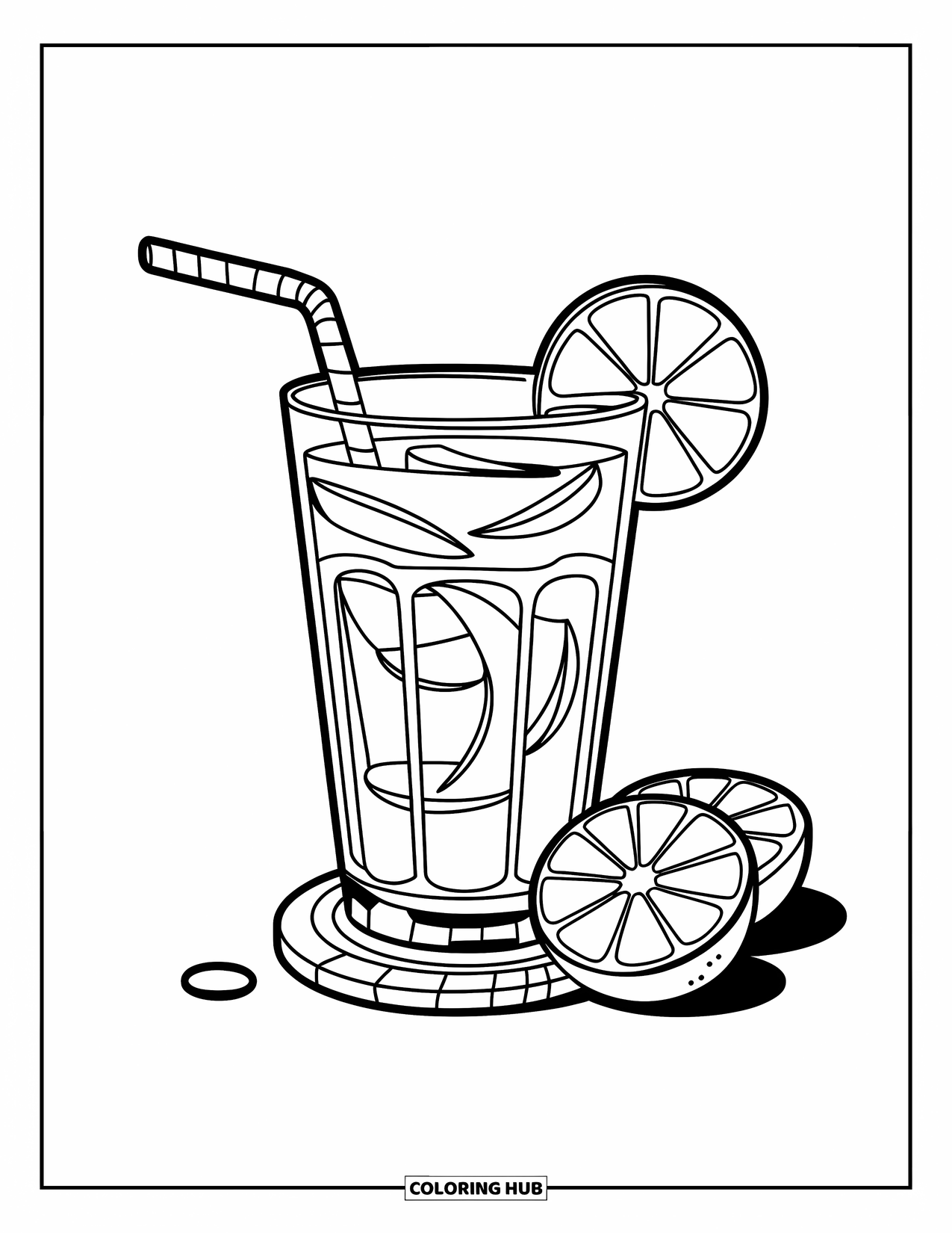 Lemonade Coloring Page for Kids: Tall glass of lemonade with a straw and halved lemons on a coaster