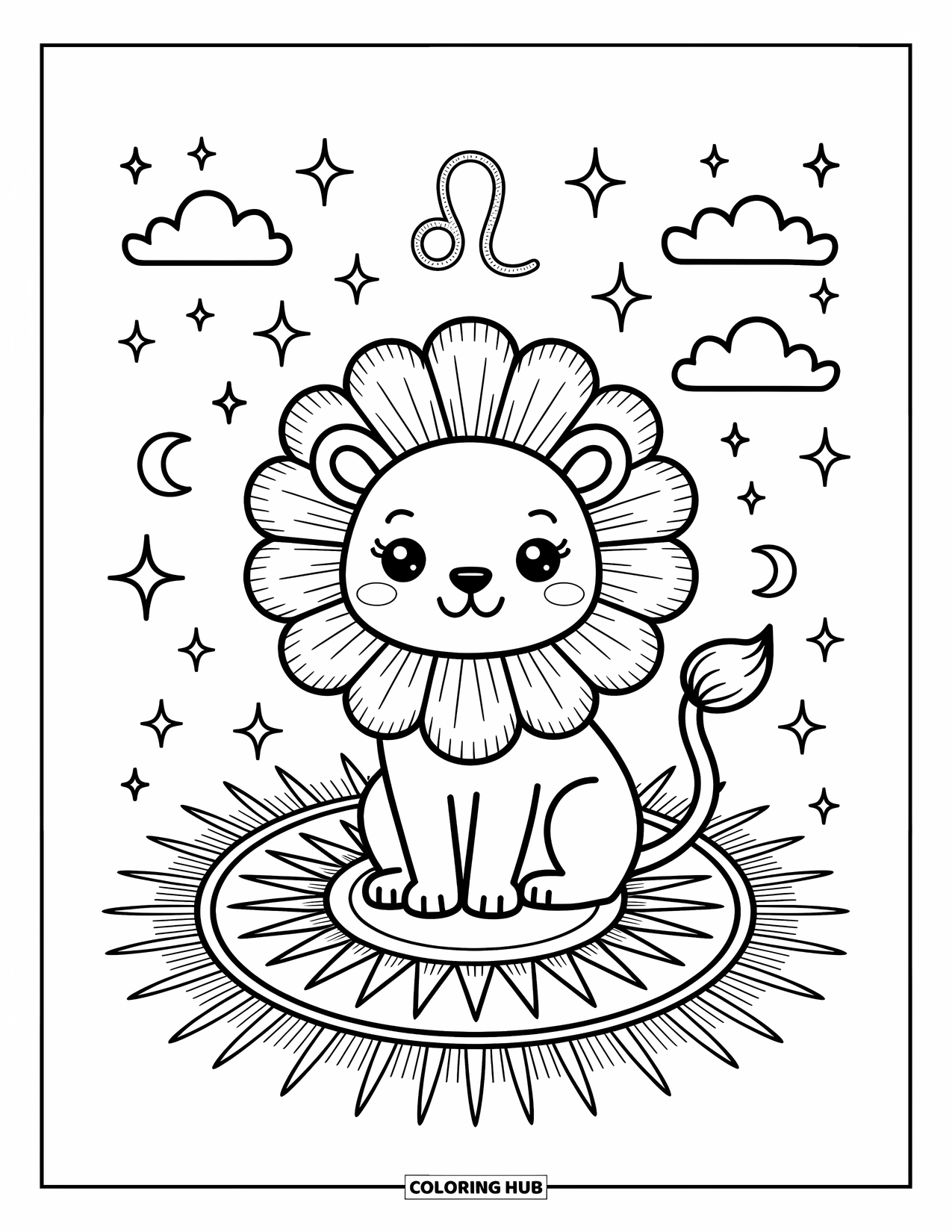 Leo Coloring Page for Adults: Adorable lion on a celestial rug with stars, clouds, and the Leo glyph
