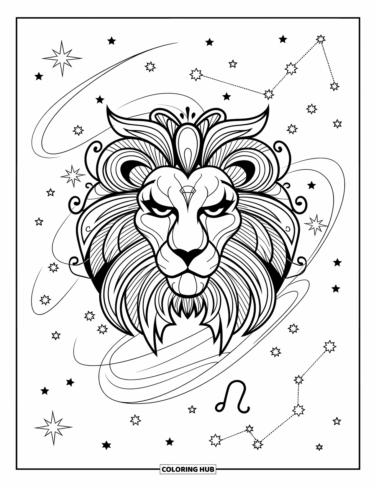 Leo Coloring Page for Adults: Celestial lion head with starry mane glows under the Leo constellation