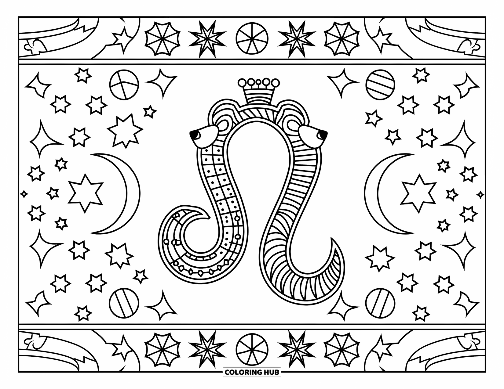 Leo Coloring Page for Adults: Crowned Leo rests in the center of a zodiac border full of stars and moons