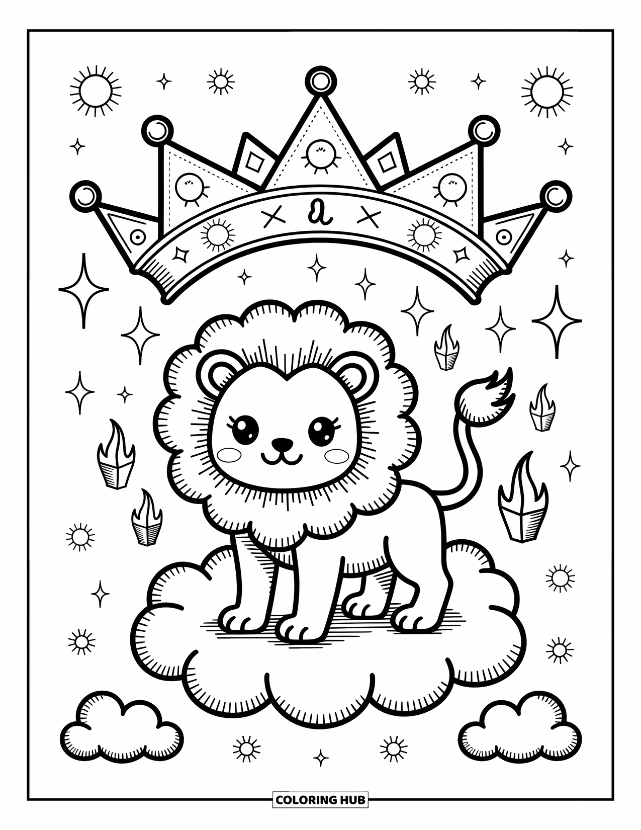 Leo Coloring Page for Adults: Cute lion on a cloud surrounded by tiny flames and floating star crystals