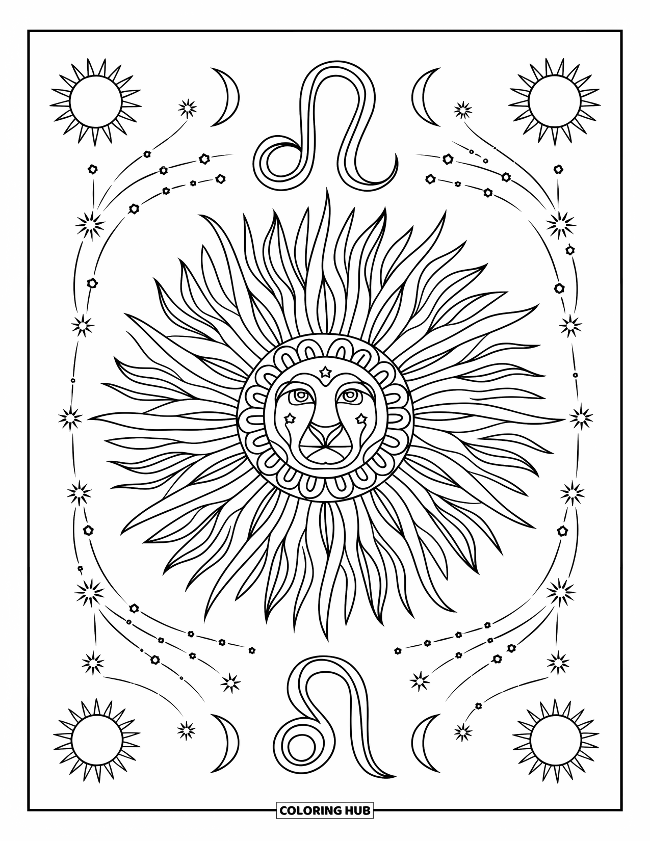 Leo Coloring Page for Adults: Floral sun radiates from Leo symbol, surrounded by stars and moons