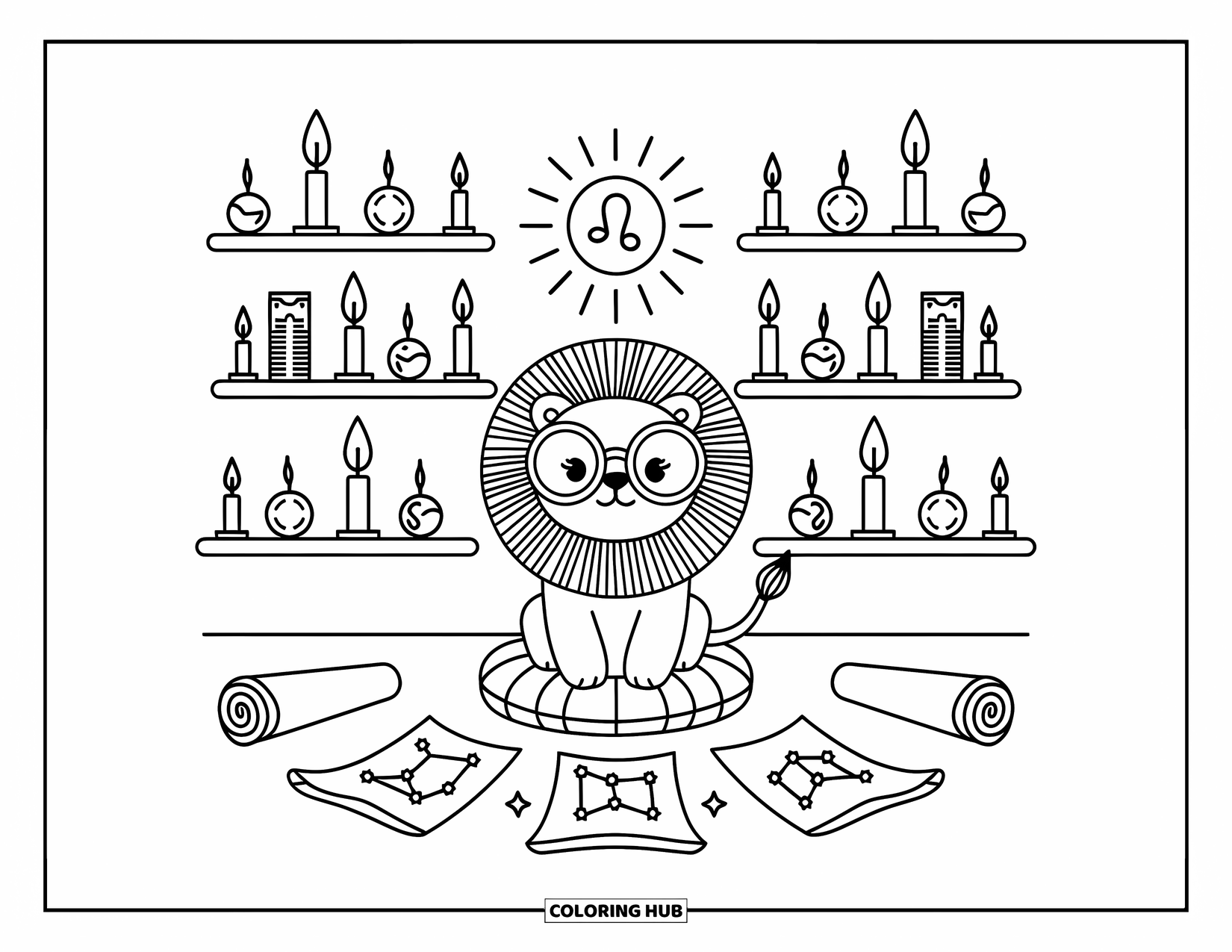 Leo Coloring Page for Adults: Glasses-wearing lion reads scrolls in a cozy astrology room with glowing Leo orb