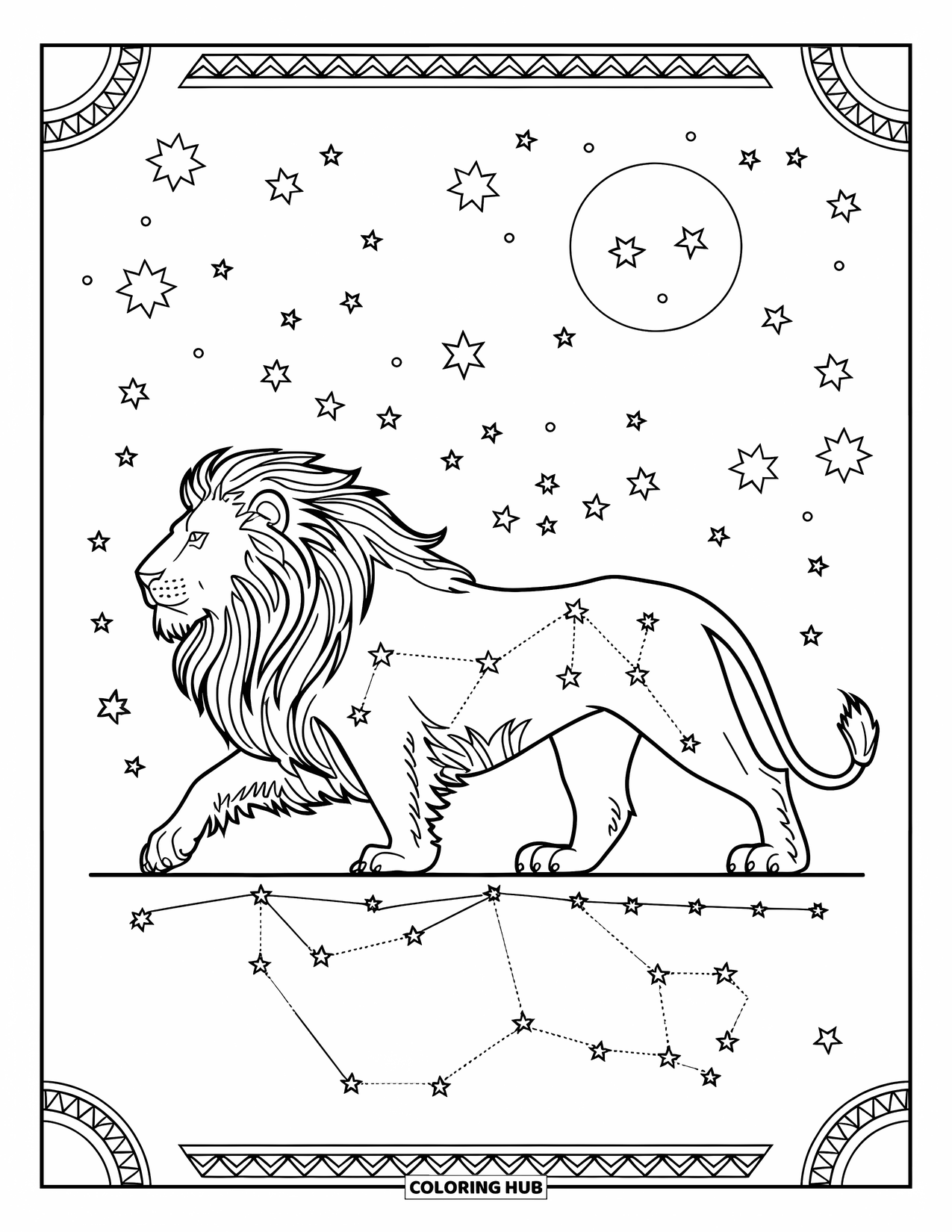 Leo Coloring Page for Adults: Leo constellation maps a lion walking through stars and planets with ornate borders