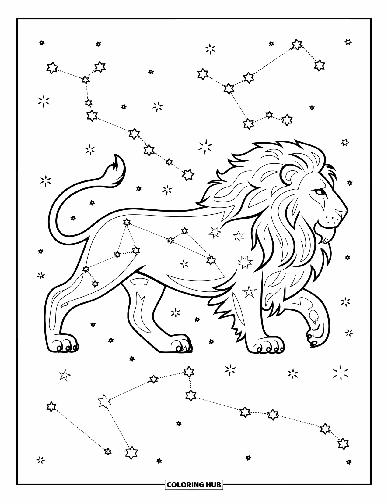Leo Coloring Page for Adults: Leo constellation shines across a lion walking through the stars