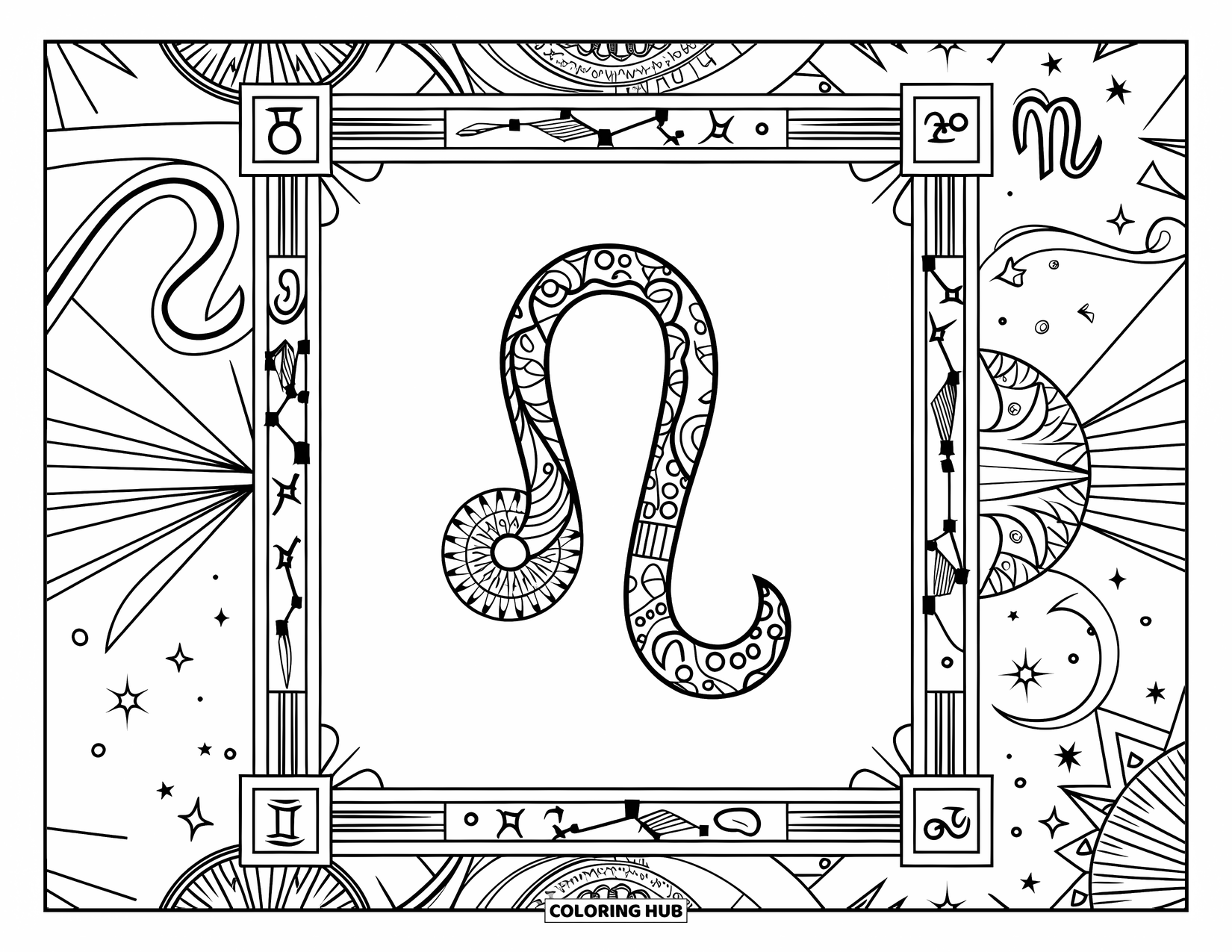 Leo Coloring Page for Adults: Leo is framed by a border of planets, symbols, and starry patterns