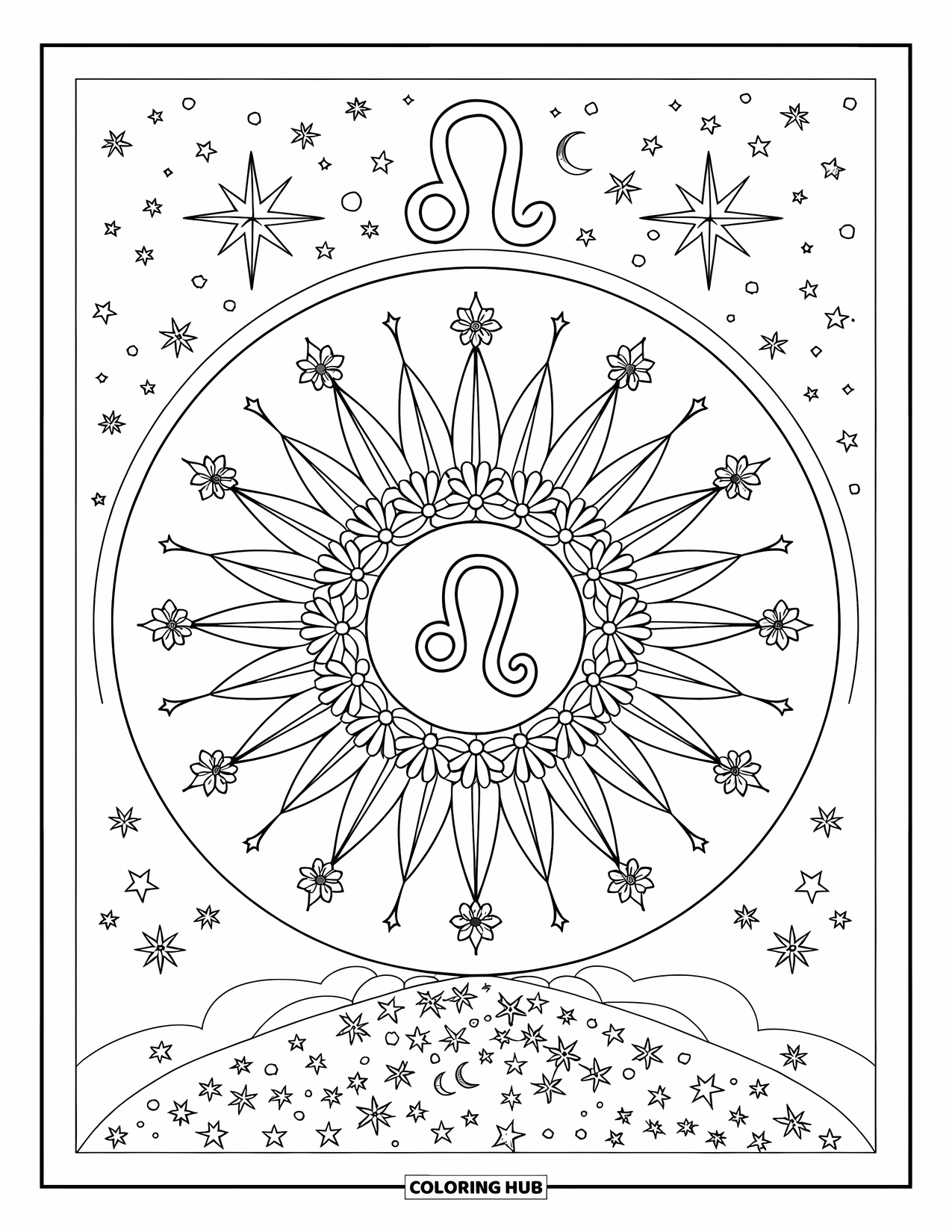 Leo Coloring Page for Adults: Leo shines above a floral sun surrounded by stars and a crescent moon