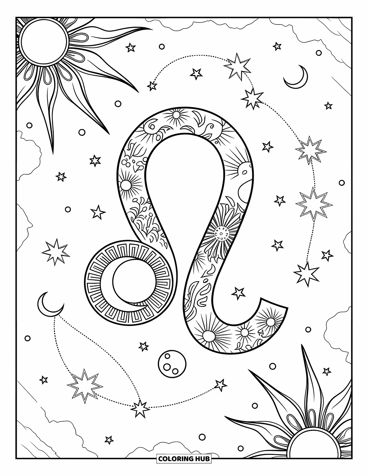 Leo Coloring Page for Adults: Leo symbol beams from a floral sun with a night sky and planets behind