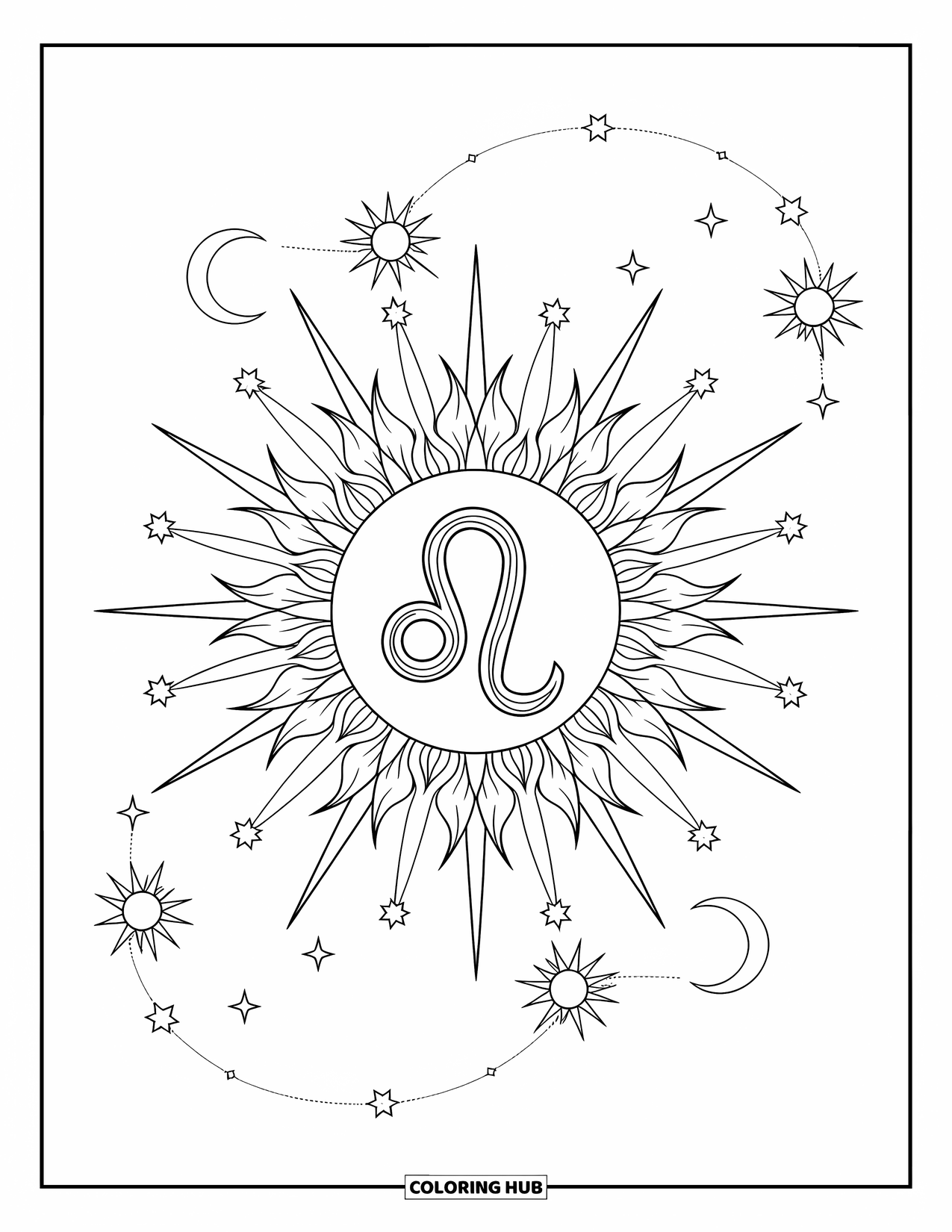 Leo Coloring Page for Adults: Leo symbol glows at the center of a floral sun with stars and moons