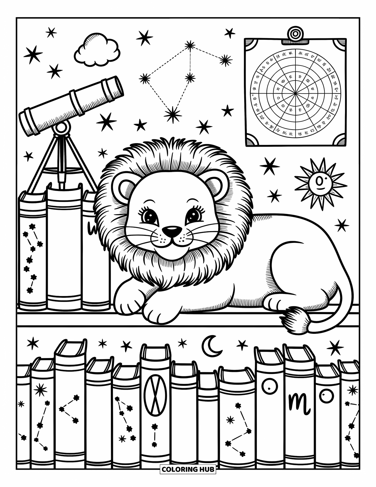 Leo Coloring Page for Adults: Lion cub naps on a shelf filled with starry books and Leo trinkets