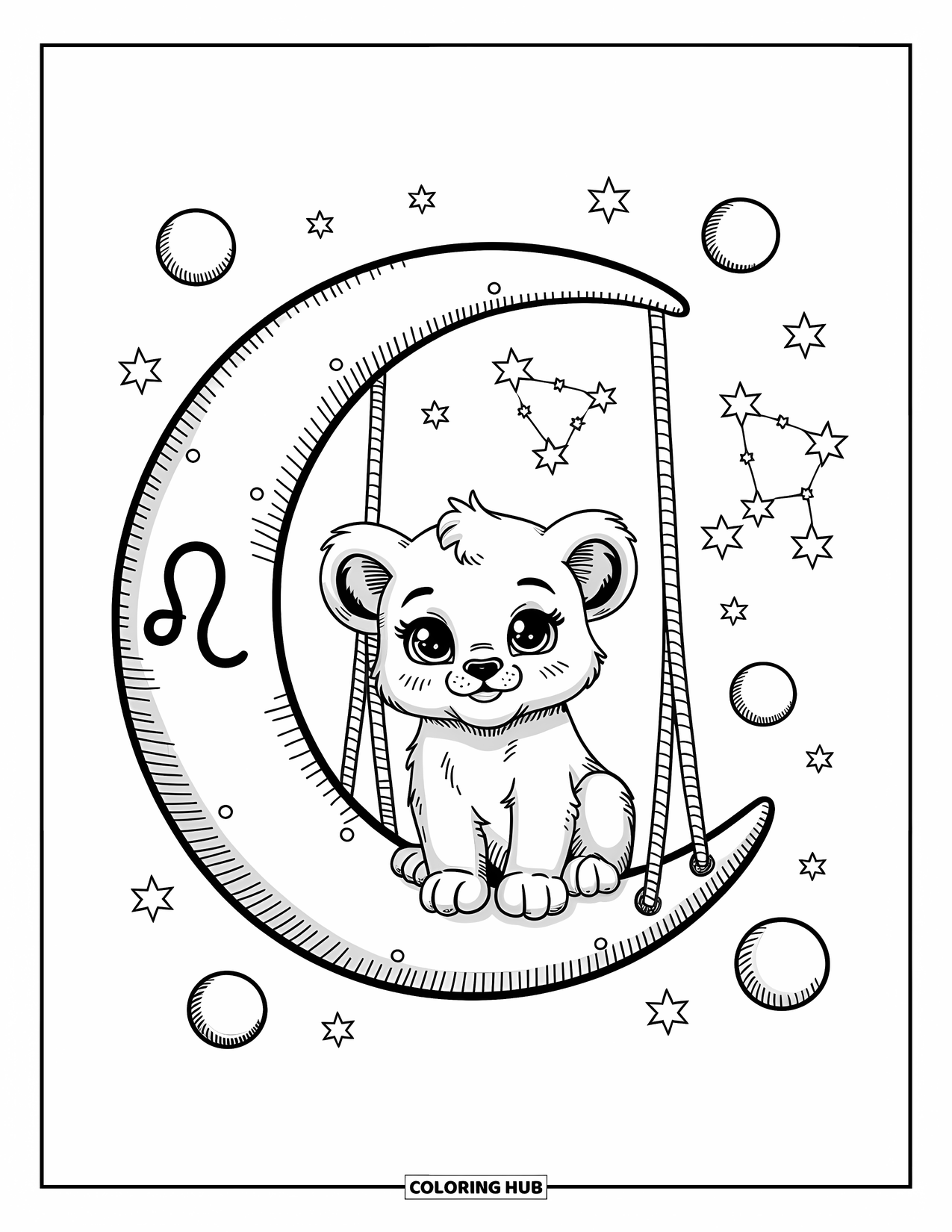 Leo Coloring Page for Adults: Lion cub swings from a moon surrounded by stars and planets
