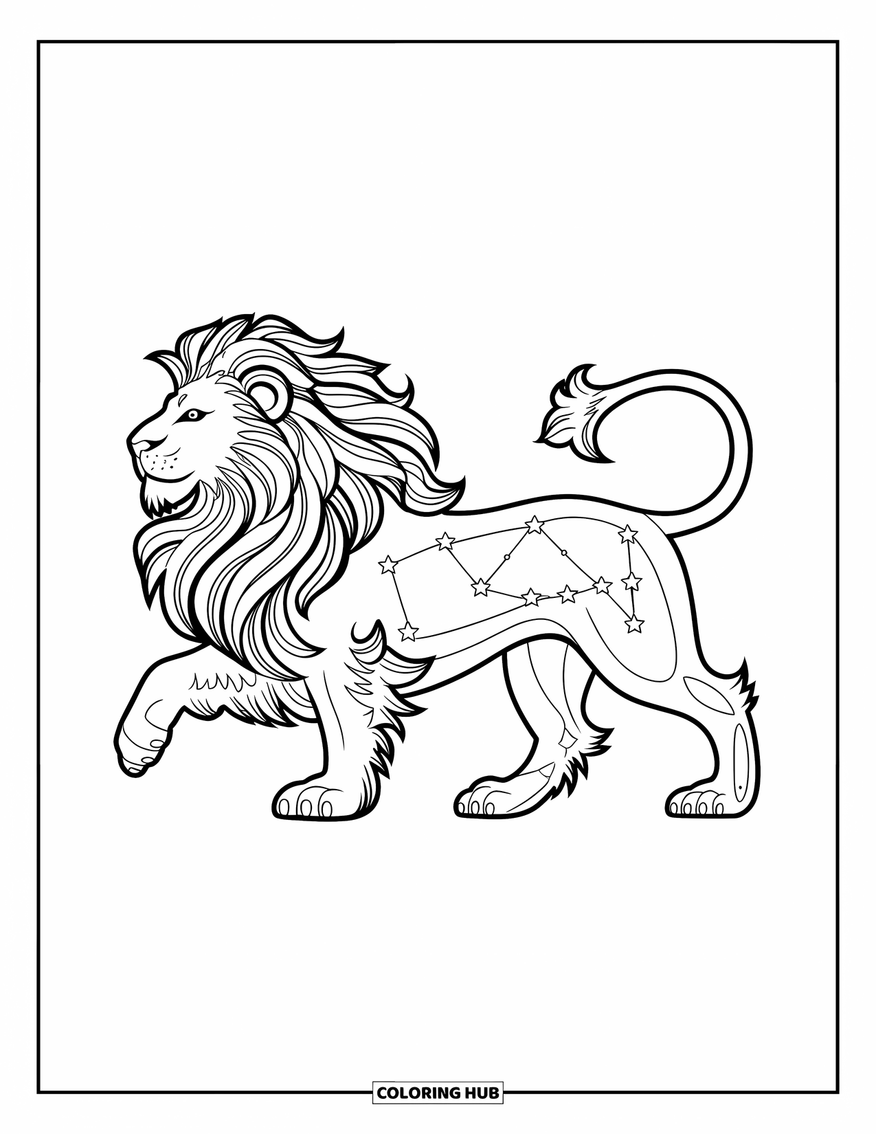 Leo Coloring Page for Adults: Lion in stride carries the Leo constellation across its body under a starry sky