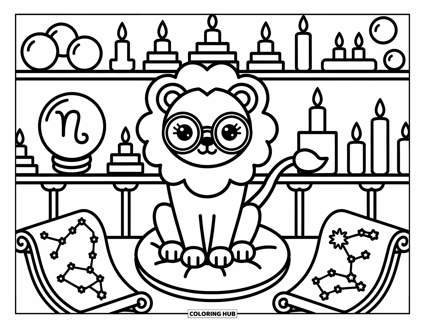 Leo Coloring Page for Adults: Lion on a cushion reading scrolls in a room of stars, orbs, and Leo charts
