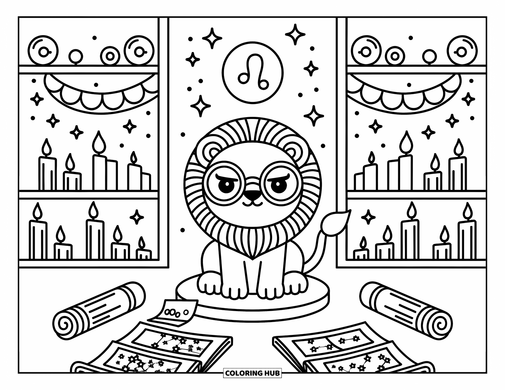 Leo Coloring Page for Adults: Lion studies scrolls in a cozy zodiac workshop full of stars and glowing orbs