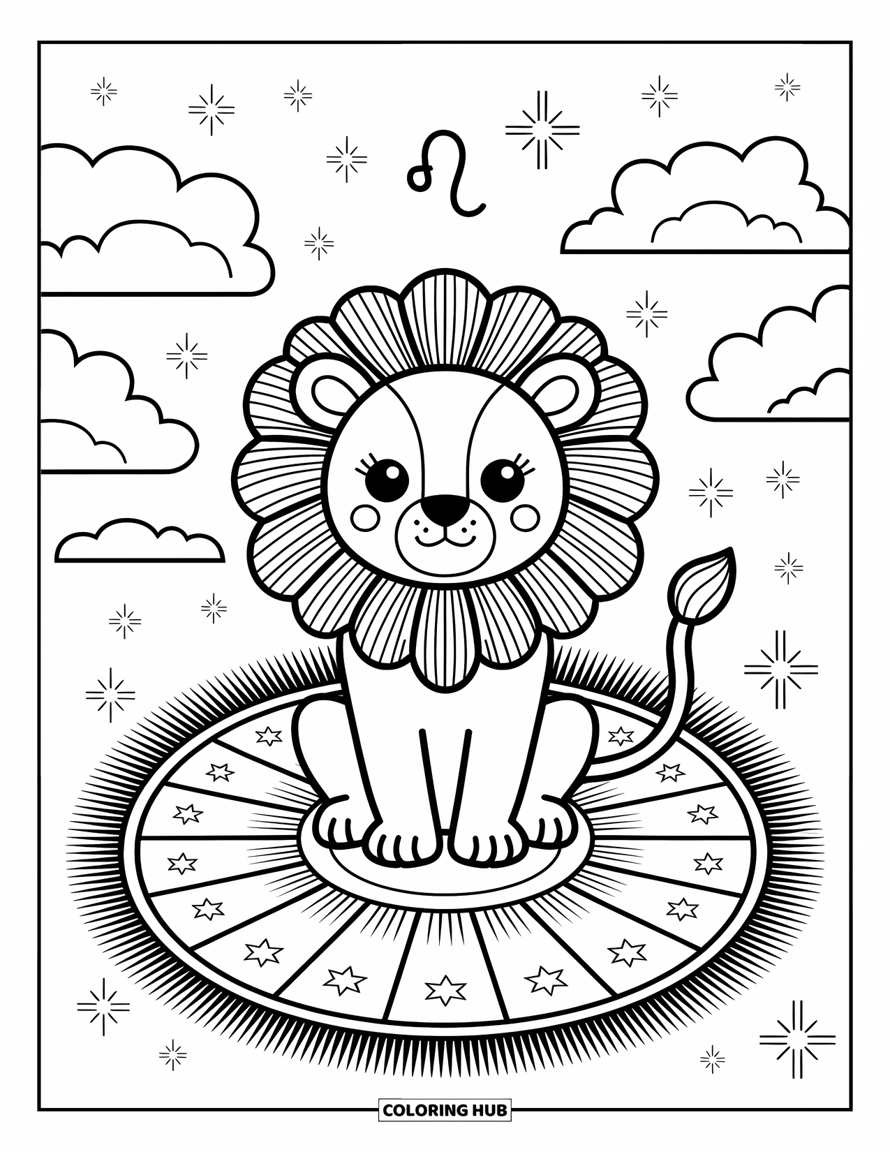 Leo Coloring Page for Adults: Lion with big mane sits on a rug surrounded by moons, clouds, and stars