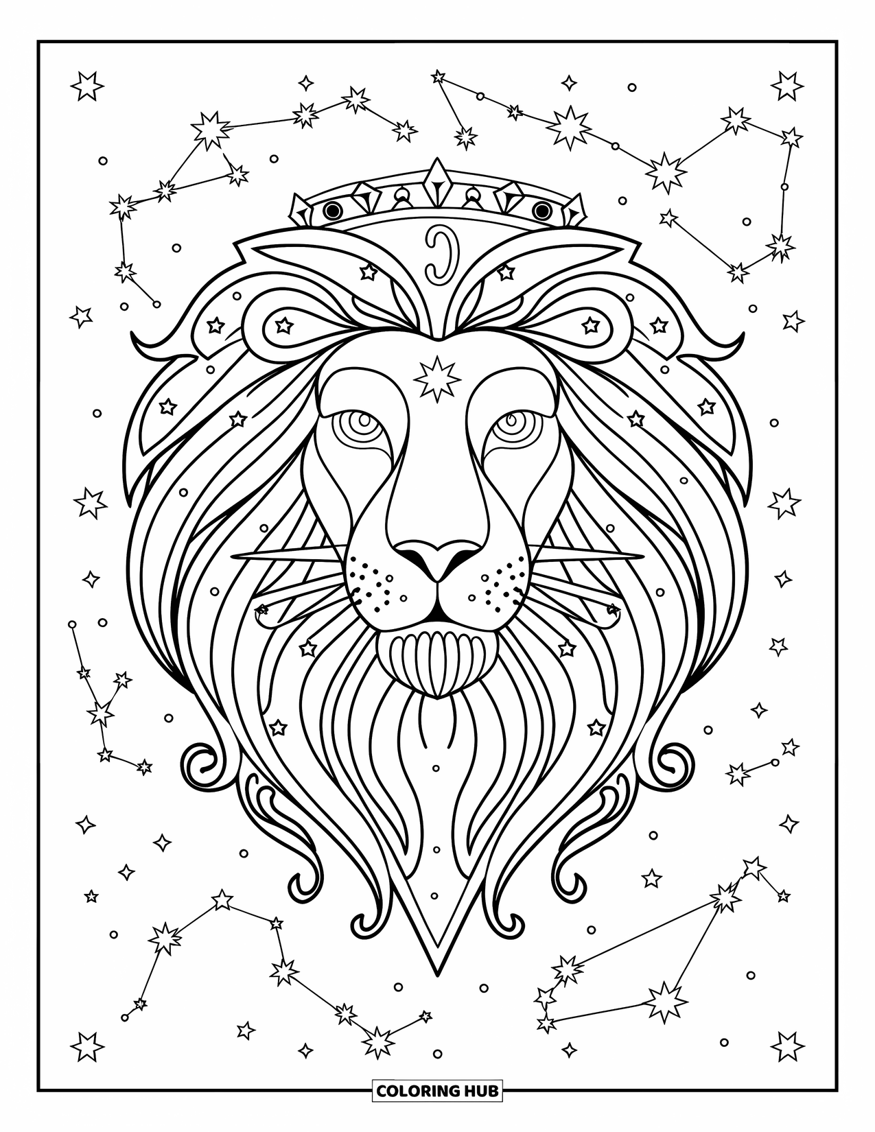 Leo Coloring Page for Adults: Ornate lion head glows with stars and the Leo constellation in its mane