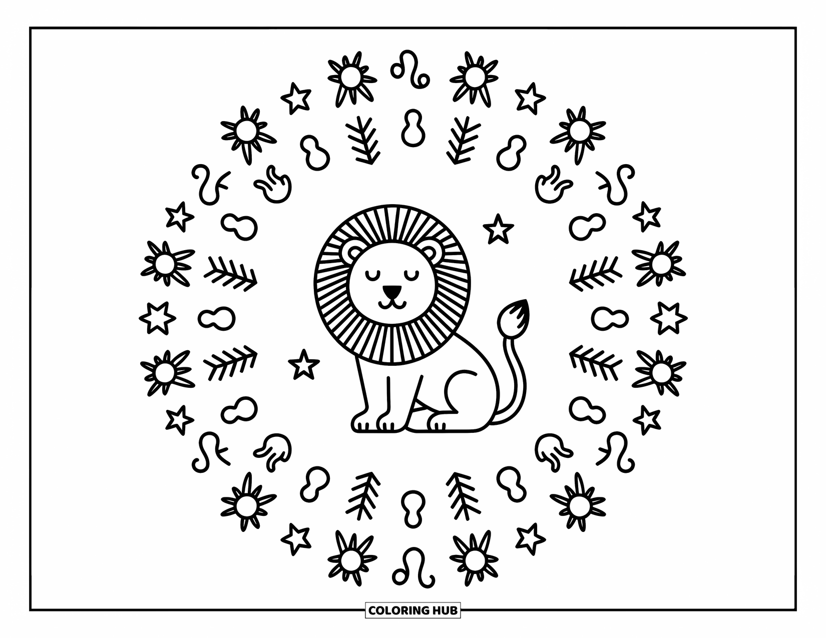 Leo Coloring Page for Adults: Serene lion in a mandala filled with cute stars, suns, and Leo signs