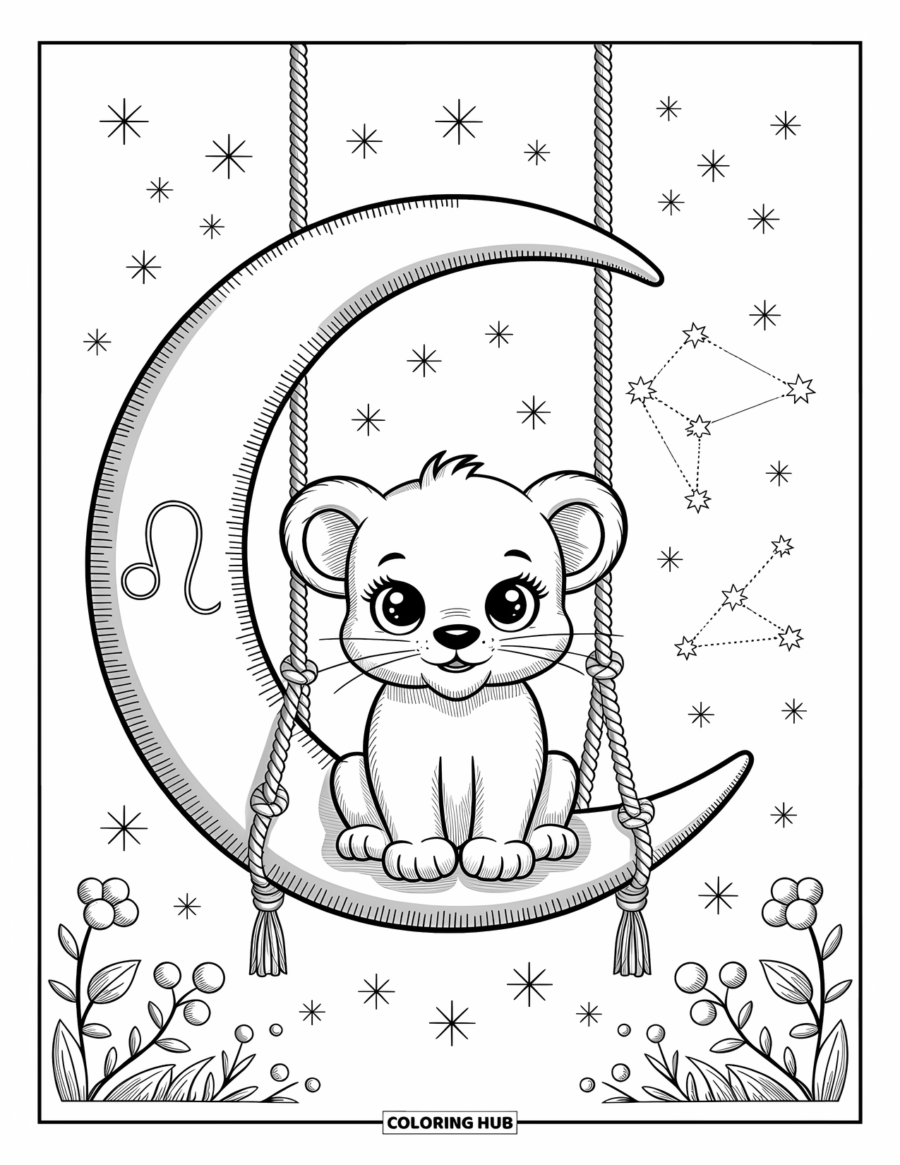 Leo Coloring Page for Adults: Sweet lion swings on a moon under the Leo constellation and twinkling stars