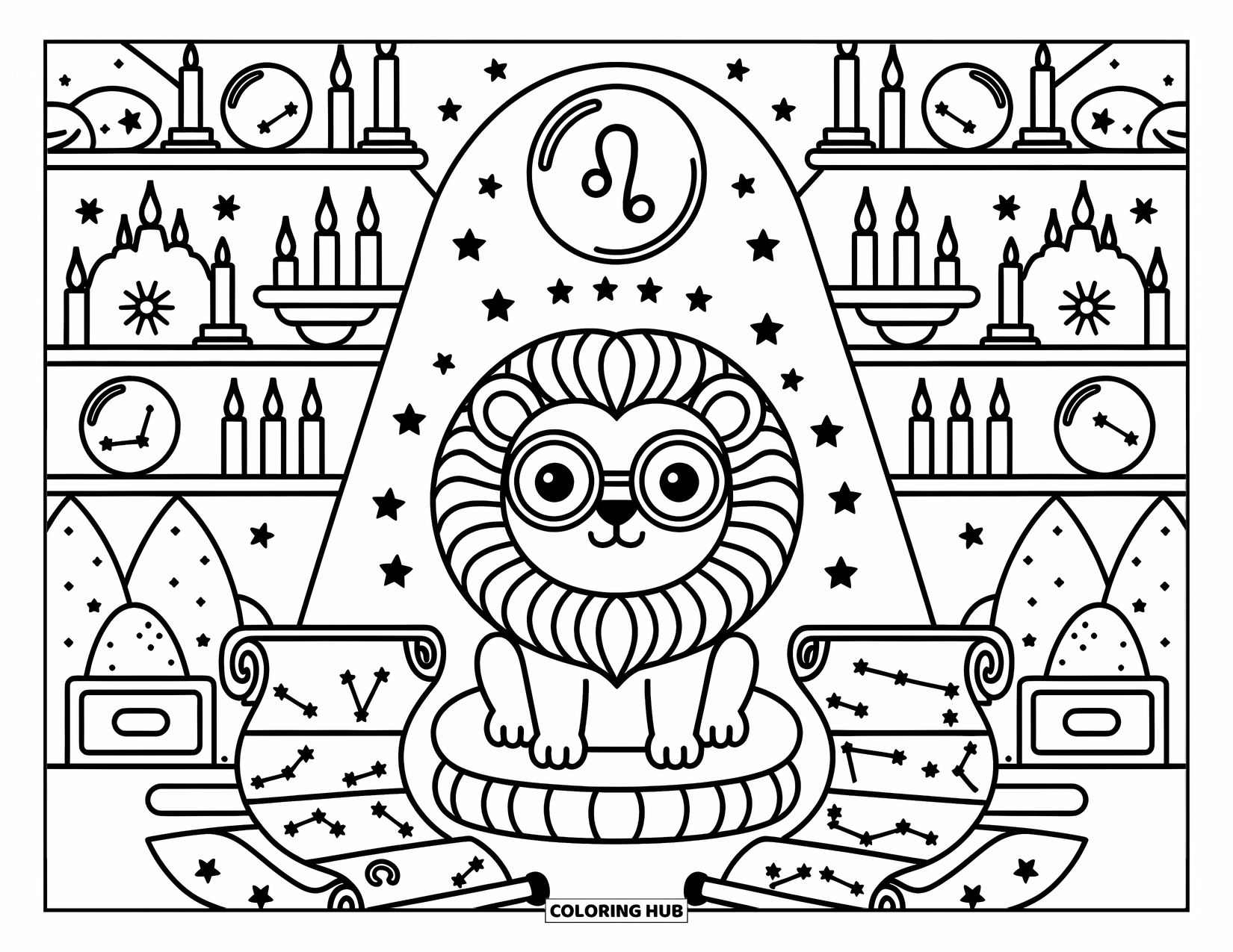 Leo Coloring Page for Adults: Wise lion reads star maps surrounded by orbs, candles, and zodiac items