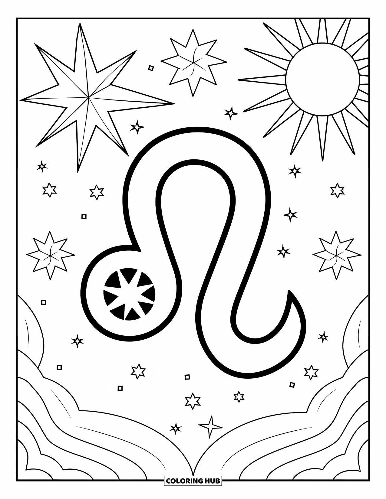 Leo Coloring Page for Kids: Bold Leo symbol with curly mane and five bright stars
