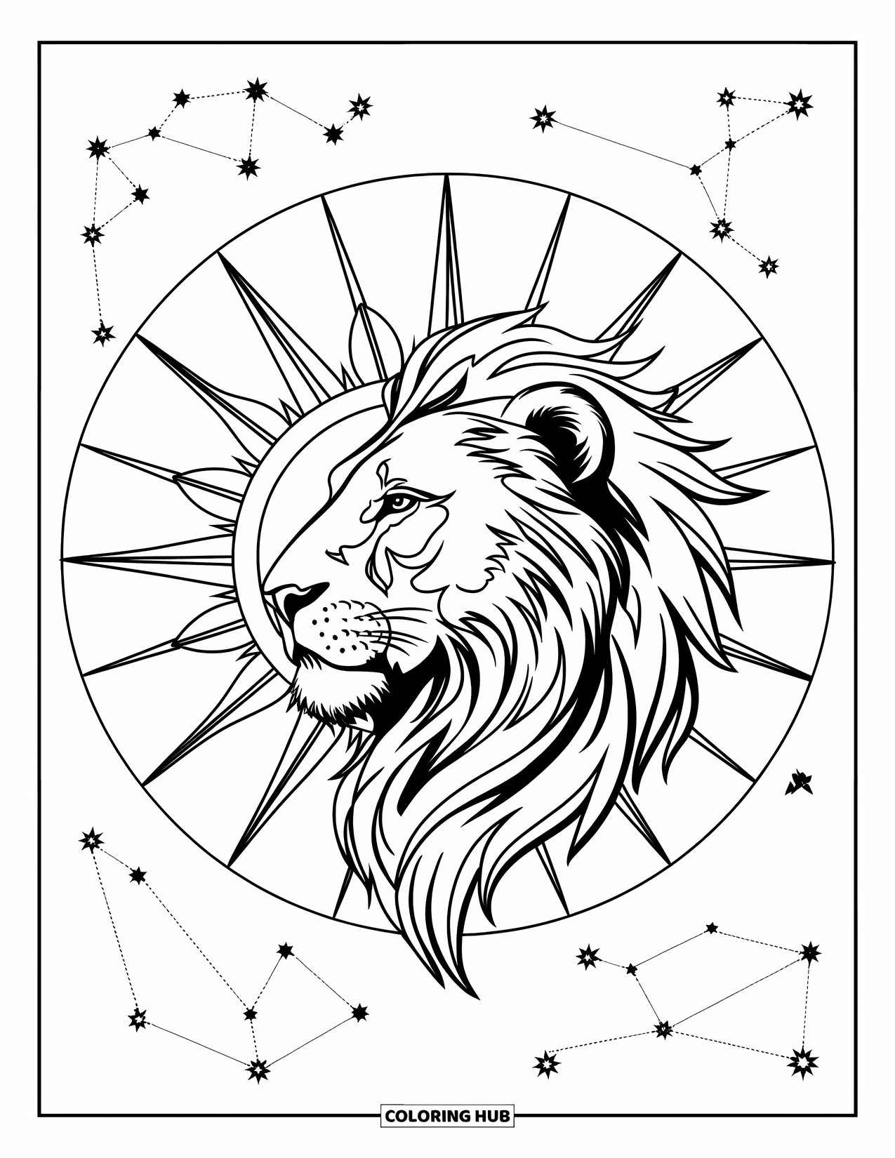 Leo Coloring Page for Kids: Bold lion head with sun and constellation lines overhead