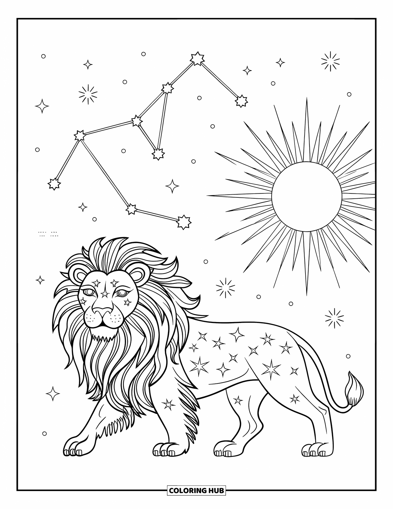 Leo Coloring Page for Kids: Celestial lion walking under the Leo stars and a bright sun