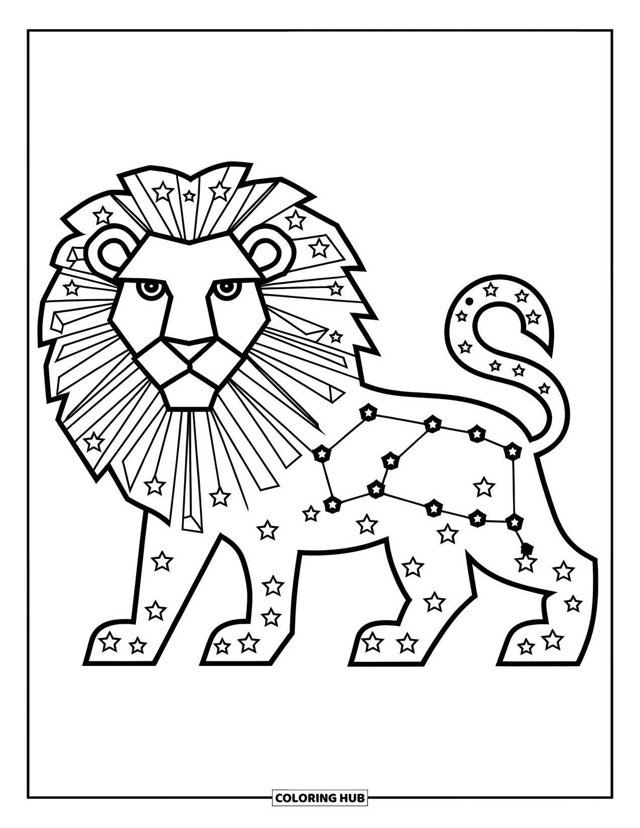 Leo Coloring Page for Kids: Celestial lion with constellation and star-shaped mane