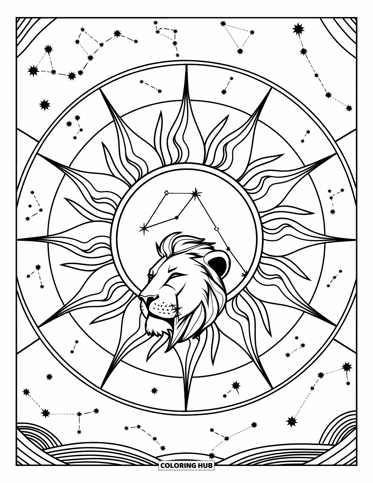 Leo Coloring Page for Kids: Celestial lion with sunburst and zodiac constellations
