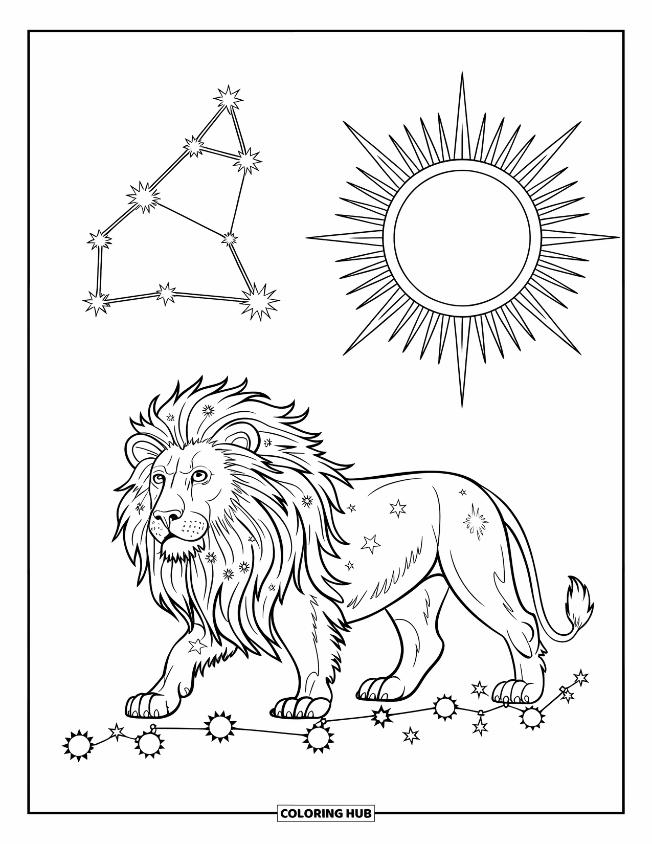 Leo Coloring Page for Kids: Cosmic lion with star mane under Leo constellation and glowing sun