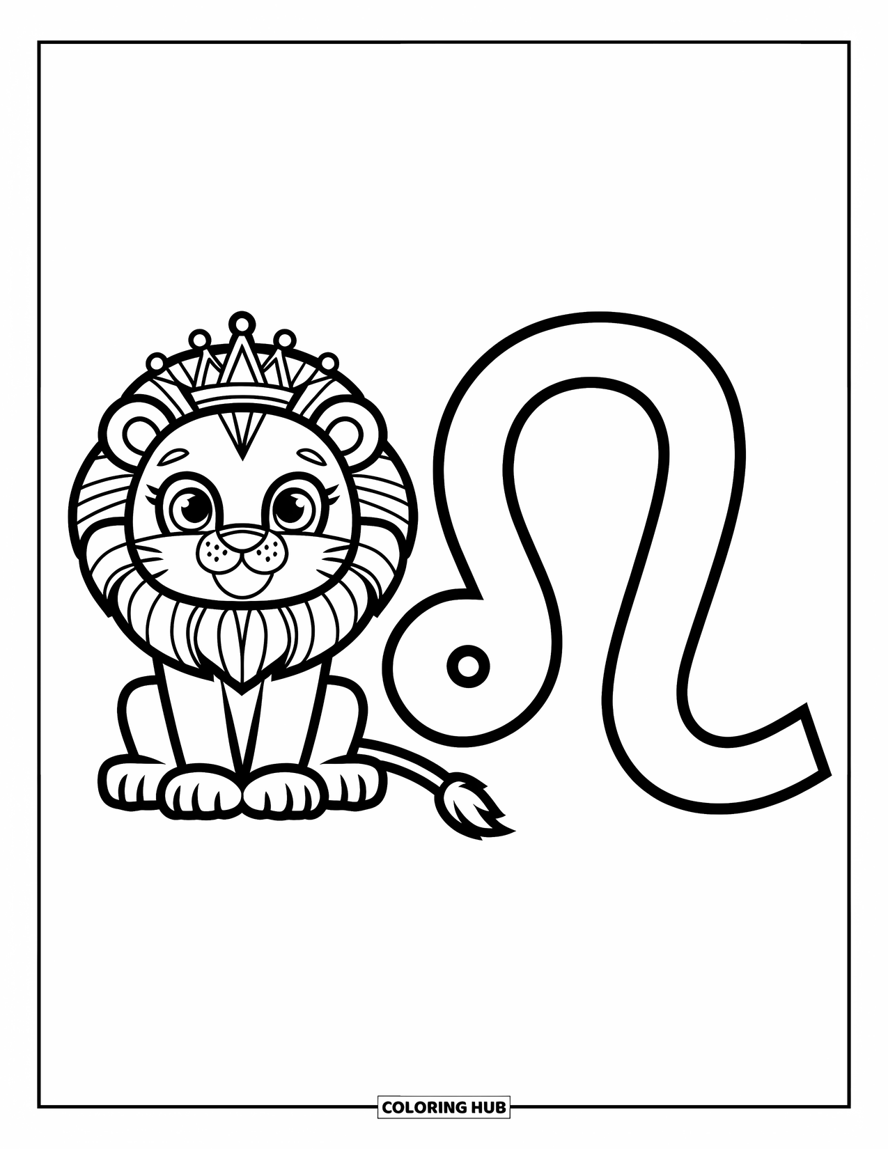 Leo Coloring Page for Kids: Crowned lion sitting with a sharp-edged Leo sign