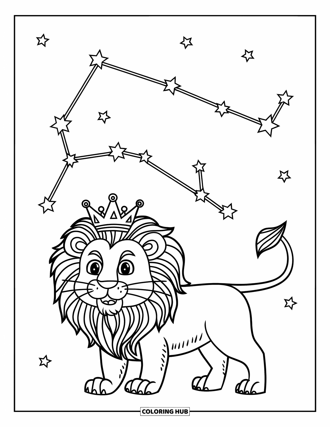 Leo Coloring Page for Kids: Crowned lion under giant Leo constellation in the sky