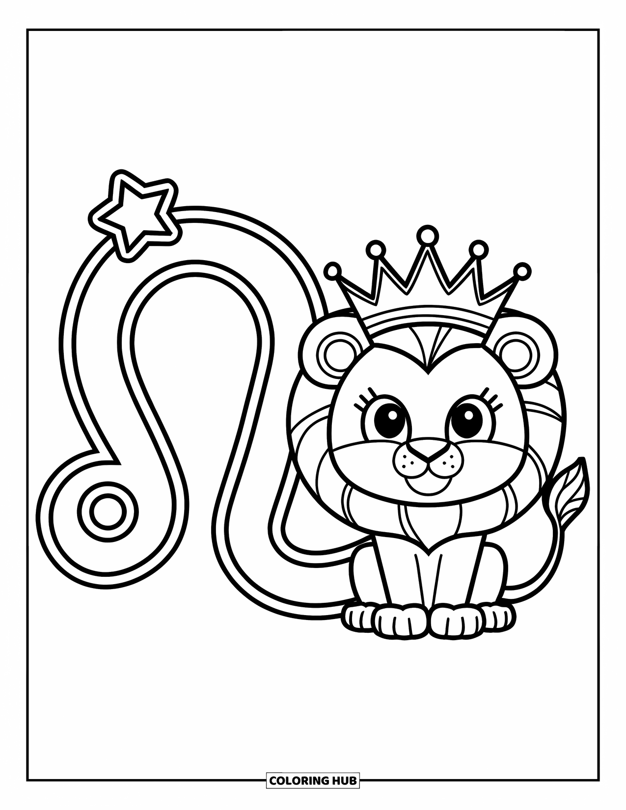 Leo Coloring Page for Kids: Crowned lion with Leo symbol and a star above