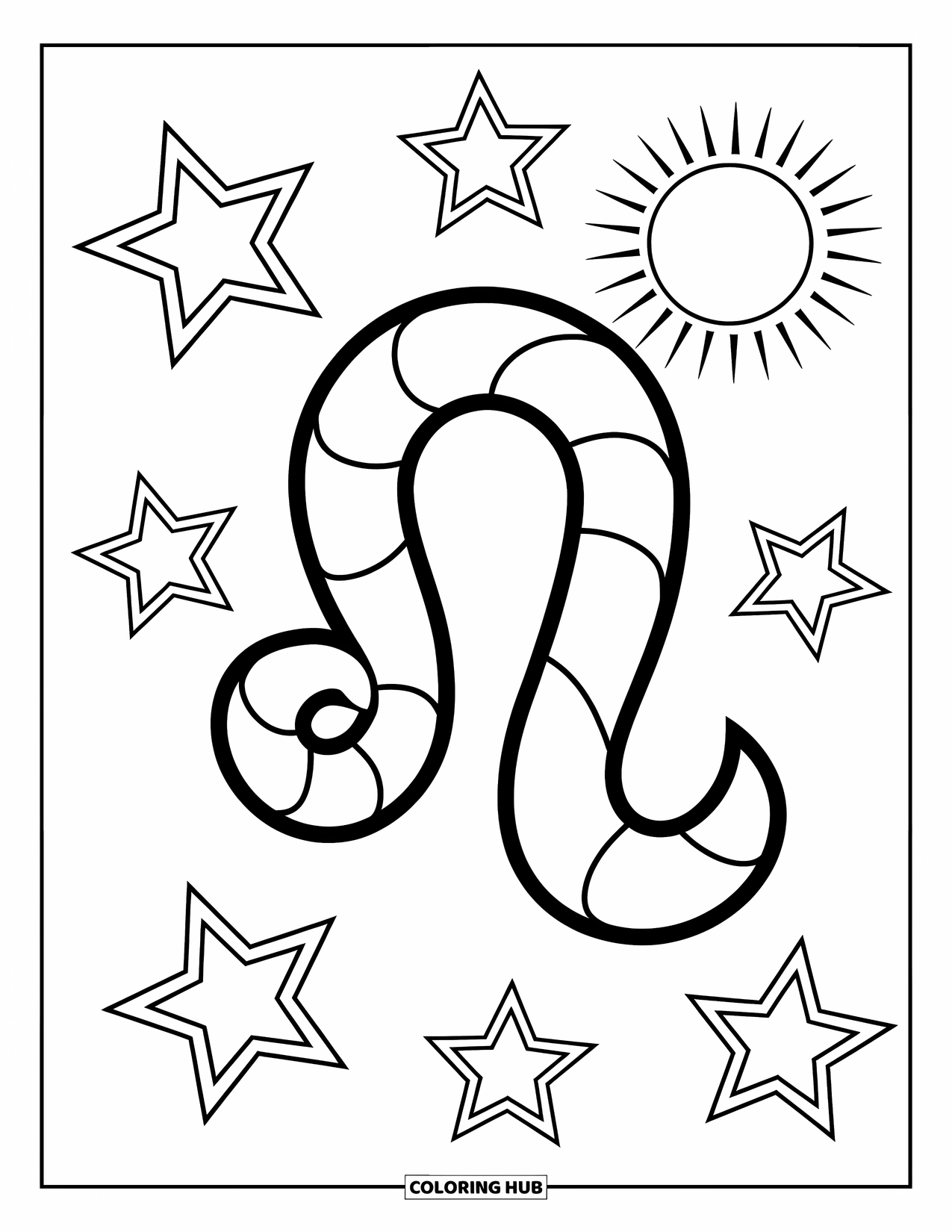Leo Coloring Page for Kids: Curved Leo sign with five stars and a round sun