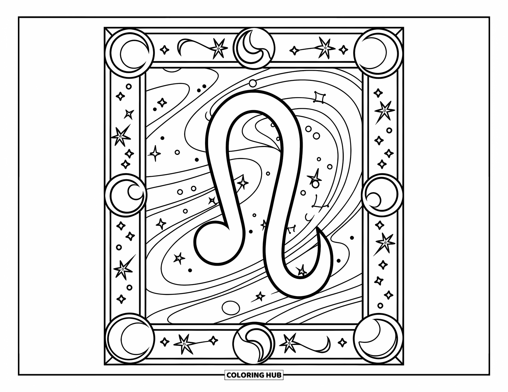 Leo Coloring Page for Kids: Framed Leo sign with stars, moons, and swirling galaxy patterns