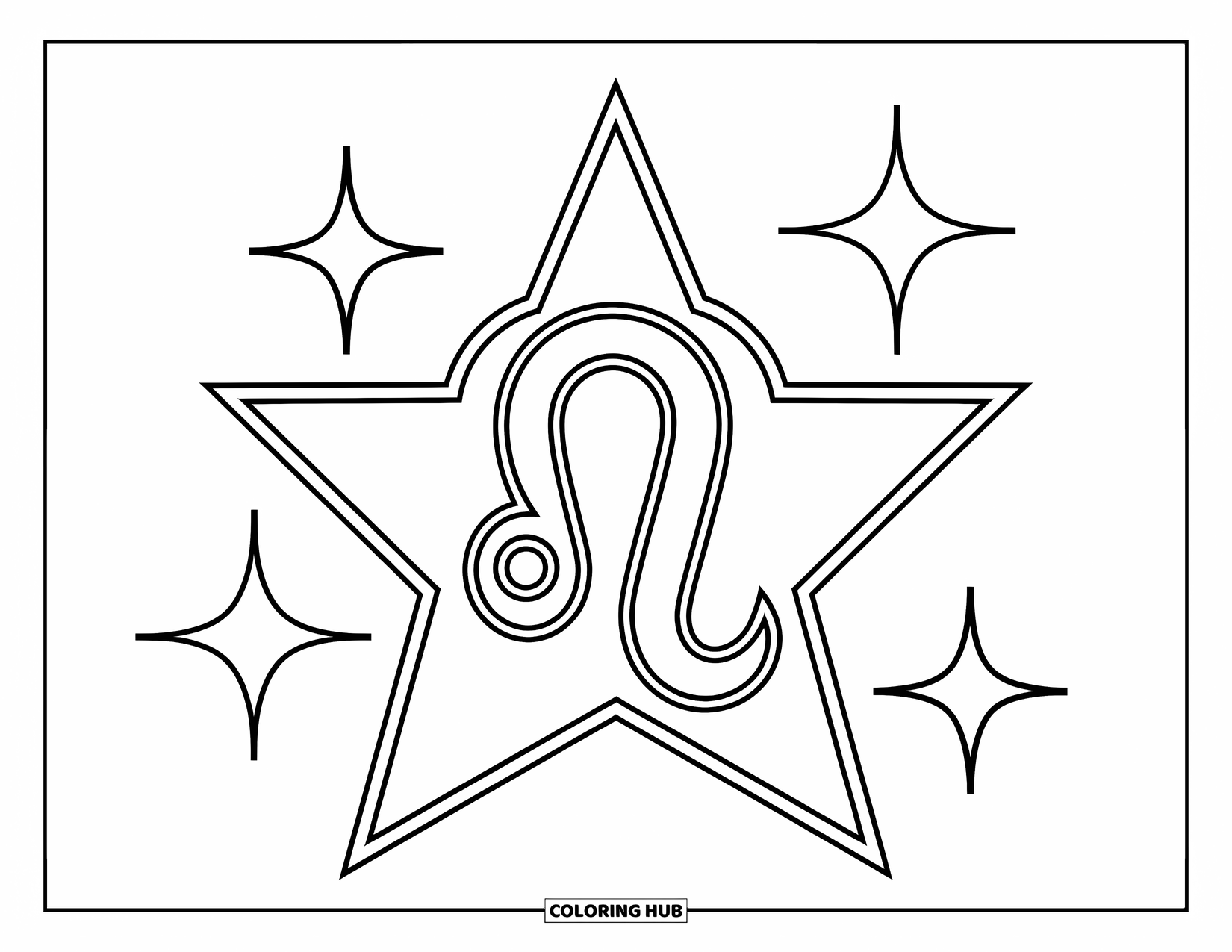 Leo Coloring Page for Kids: Large star with Leo glyph and four sparkles around it